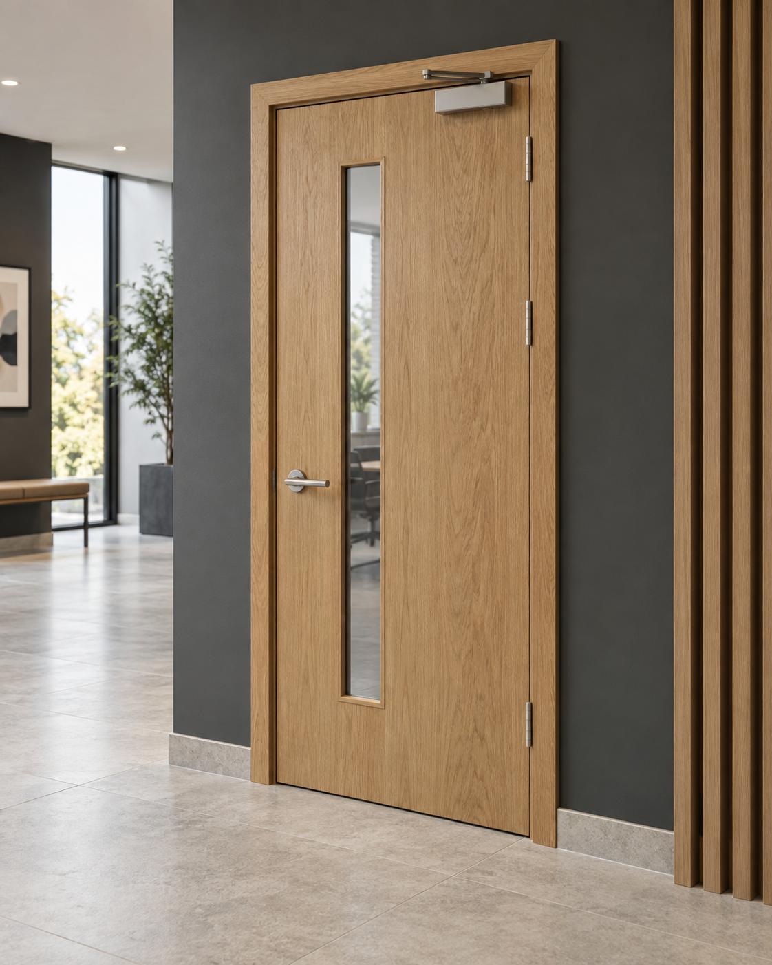 Illustrative oak timber door with a narrow vision panel in a contemporary commercial interior